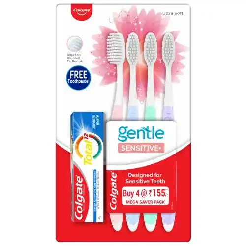 COLGATE GENTLE SENSITIVE SOFT BRISTLES TOOTHBRUSH 4U WITH COLGATE TOTAL 20 G PACK